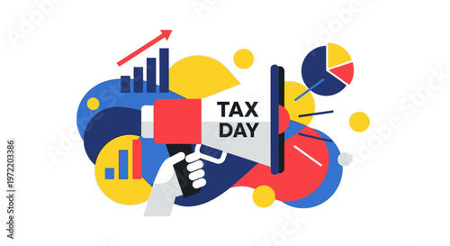 Illustration of a megaphone announcing Tax Day with charts and graphs symbolizing financial growth and analysis.
