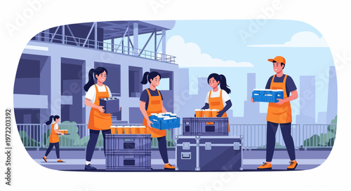 Workers in orange vests.