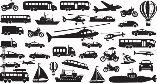 Collection of various transportation vehicles and aircraft icons in black