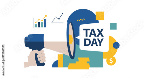 An illustration depicting a hand holding a megaphone announcing 'TAX DAY' with financial graphs and currency symbols in the background, representing financial deadlines and announcements.