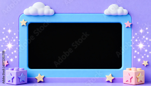 Kids Cartoon Frame Background with Stars Clouds Cute Blue Screen Template