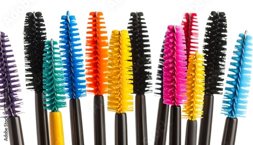 Brightly colored cosmetic wands with black handles against a crisp, white background