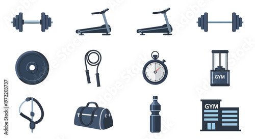 Fitness equipment icons dumbbells treadmills jump ropes and gym accessories