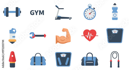 Fitness and exercise icons dumbbells treadmill protein shake and gym equipment