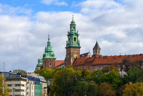 Wawel Castle and Cathedral on the Vistula River in Krakow, Poland on a sunny autumn day. 