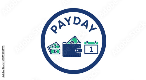 Circular graphic illustrating payday with a wallet full of cash and a calendar showing the first day of the month.