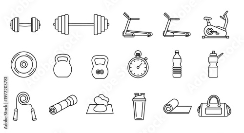 Fitness equipment and accessories outlined in a simple minimalist black and white style