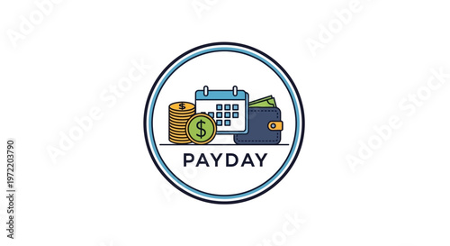 Circular graphic illustrating payday with icons of a calendar, coins, and a wallet full of cash.