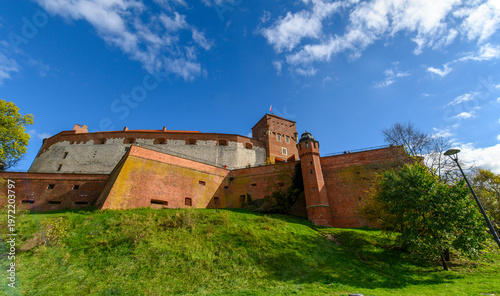 Wawel Castle and Cathedral on the Vistula River in Krakow, Poland on a sunny autumn day. 