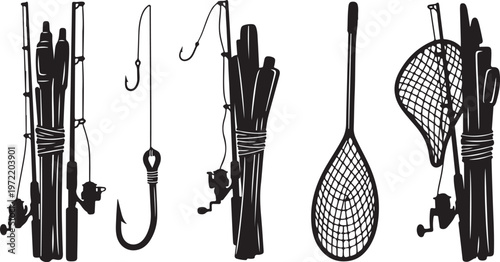 Fishing gear and equipment illustration in black and white colors