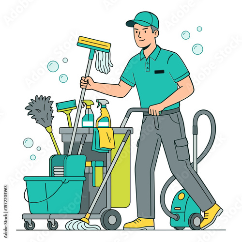 Man pushes cleaning cart with tools through bubbles in a janitorial setting