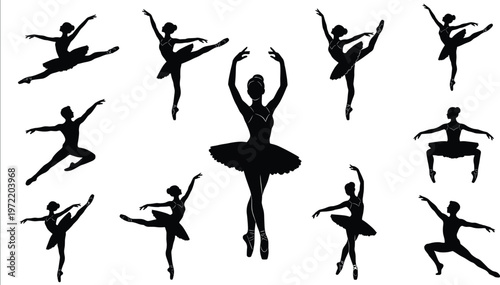Elegant Collection of Male and Female Ballet Dancer Silhouettes Performing Graceful Jumps and Classical Poses for Theater Arts and Dance Performance Background Image