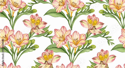 Alstroemeria floral seamless pattern with lily flowers and green leaves for fashion print wallpaper.