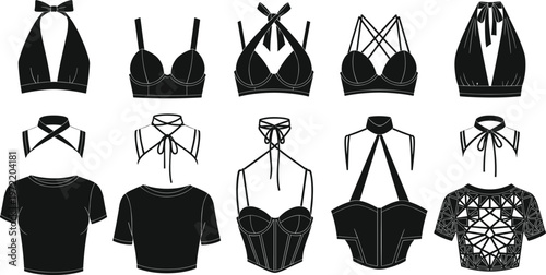 Fashion Silhouette Set of Women Crop Tops Halter Necks Corsets and Lingerie Styles for Apparel Design Clothing Mockups and Online Retail Store Background