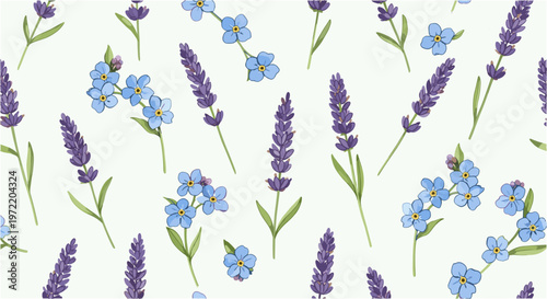 Charming seamless pattern of purple lavender and blue forget-me-not flowers.