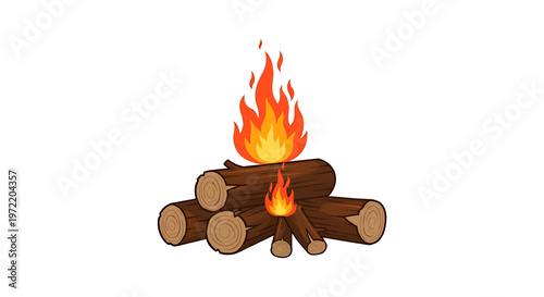 Vibrant illustration of a rustic campfire with crackling flames and stacked logs, perfect for outdoor adventures and cozy evenings under the stars