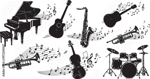 Musical instruments and notes in black and white illustration style