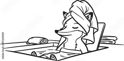 Silhouette cartoon fox spa bathtub scene with towel bubbles black white relaxing cute design