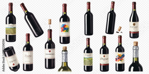 Collection of various red and white wine bottles with labels and corks on a transparent background.