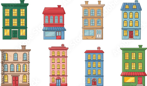 Colorful Building Collection Featuring Various Storefronts and Residential House Designs for Architecture and Cityscape Illustrations