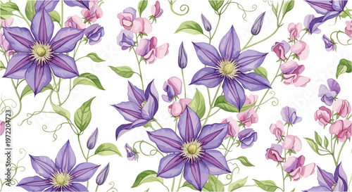 Elegant purple clematis and pink sweet pea flower pattern for textile wallpaper or wrapping paper.