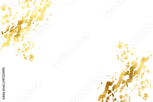 Old gold texture with gold paper particles and gold flakes that shimmer. Watercolor gold foil pieces flake. The gold foil borders the isolated PNG illustration background for holiday projects card.