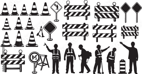 Construction site safety signs and workers in black silhouette vector graphics