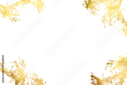 Watercolor Gold foil pieces flake. Old gold texture with gold paper particles and gold flakes that shimmer. The gold foil borders the isolated PNG background for holiday projects, congratulations.