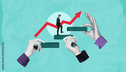 Konstfotografi Business growth concept collage showing person climbing steps su