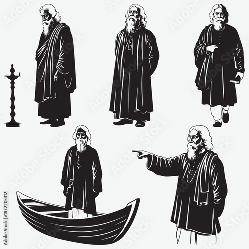Five ink of rabindranath tagore standing near a lamp and in a traditional wooden boat