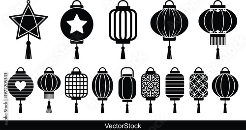 Black silhouette collection of traditional oriental lanterns representing chinese new year celebration asian culture mid autumn festival decorative hanging light lamps holiday ornaments