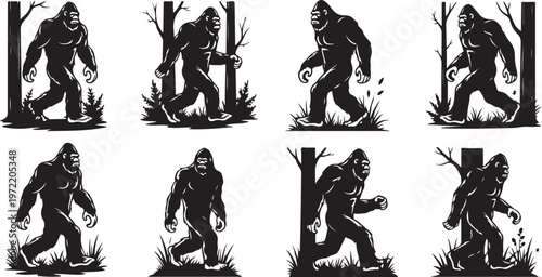 Bigfoot Sasquatch Silhouette Vector Illustrations in Black and White Forest