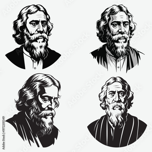 Four and ink style portraits of rabindranath tagore with long hair and thick beard