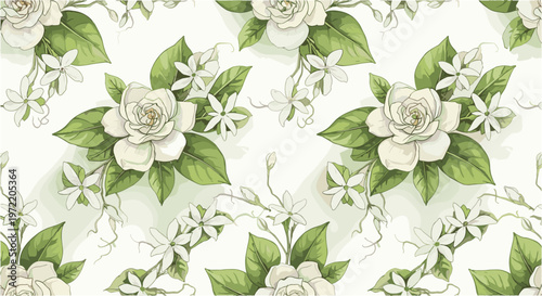 Gardenia and jasmine seamless pattern with elegant white flowers and green leaves on light background.