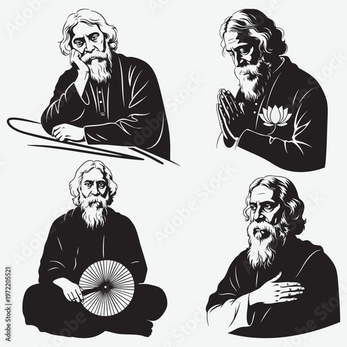 Rabindranath tagore and set featuring various poses and gestures poet