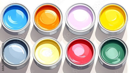 Brightly colored paints fill round cans, arranged in a grid. Overhead view casts soft shadows on a white surface