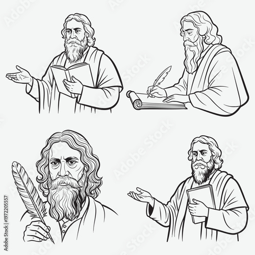 Rabindranath tagore line collection featuring the poet reading and writing with a feather quill