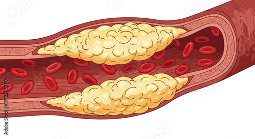 Cross-section of a human artery showing plaque buildup causing atherosclerosis and restricting blood flow