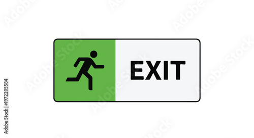 Green and white running man exit sign indicating emergency escape route for safety and evacuation
