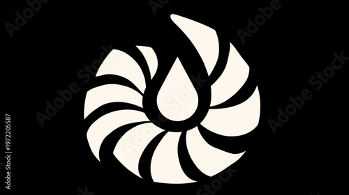 A stylized abstract illustration on black background featuring a nautilus-shaped design with a teardrop center