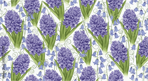 Hyacinth and bluebell flower seamless pattern with purple blossoms and green leaves on white vector.