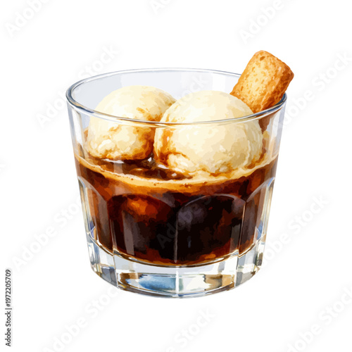 Fotografia A charming watercolor illustration of affogato dessert featuring creamy vanilla ice cream scoops in rich espresso served in a glass with a crisp biscuit illustrated in a detailed sweet cafe style