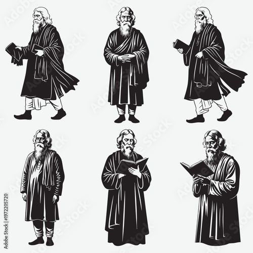 Rabindranath tagore standing and holding books in a set of six and literature