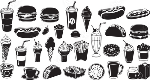 Variety of fast food and drink items in black and white