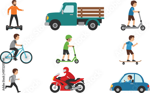 Collection of Various Transportation Modes with Bicycles, Scooters, Motorcycles, Cars, and Walking Illustrations for Active Lifestyle