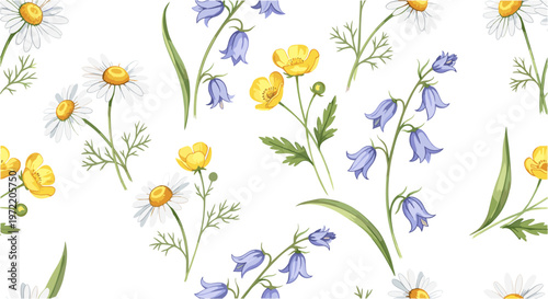 Meadow flowers seamless pattern with daisies buttercups and bluebells on white background vector.