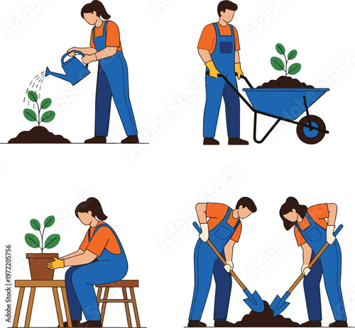 People gardening activities set with planting watering digging and caring plants vector illustration