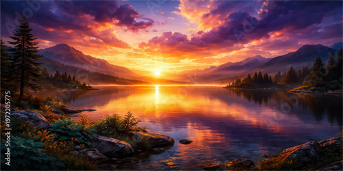 Beautiful sunset landscape with mountains forest and river reflecting colorful sky and warm evening light