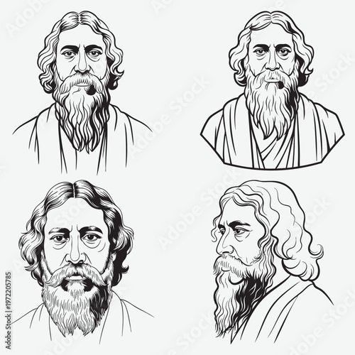 Set of four ink depicting rabindranath tagore with long hair and a traditional beard