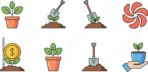 Plant growth and gardening icons set with seedlings shovel watering and investment concept vector illustration